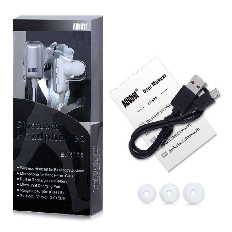 August EP605S in Ear Bluetooth Ohrhörer mit Mikrofon silber